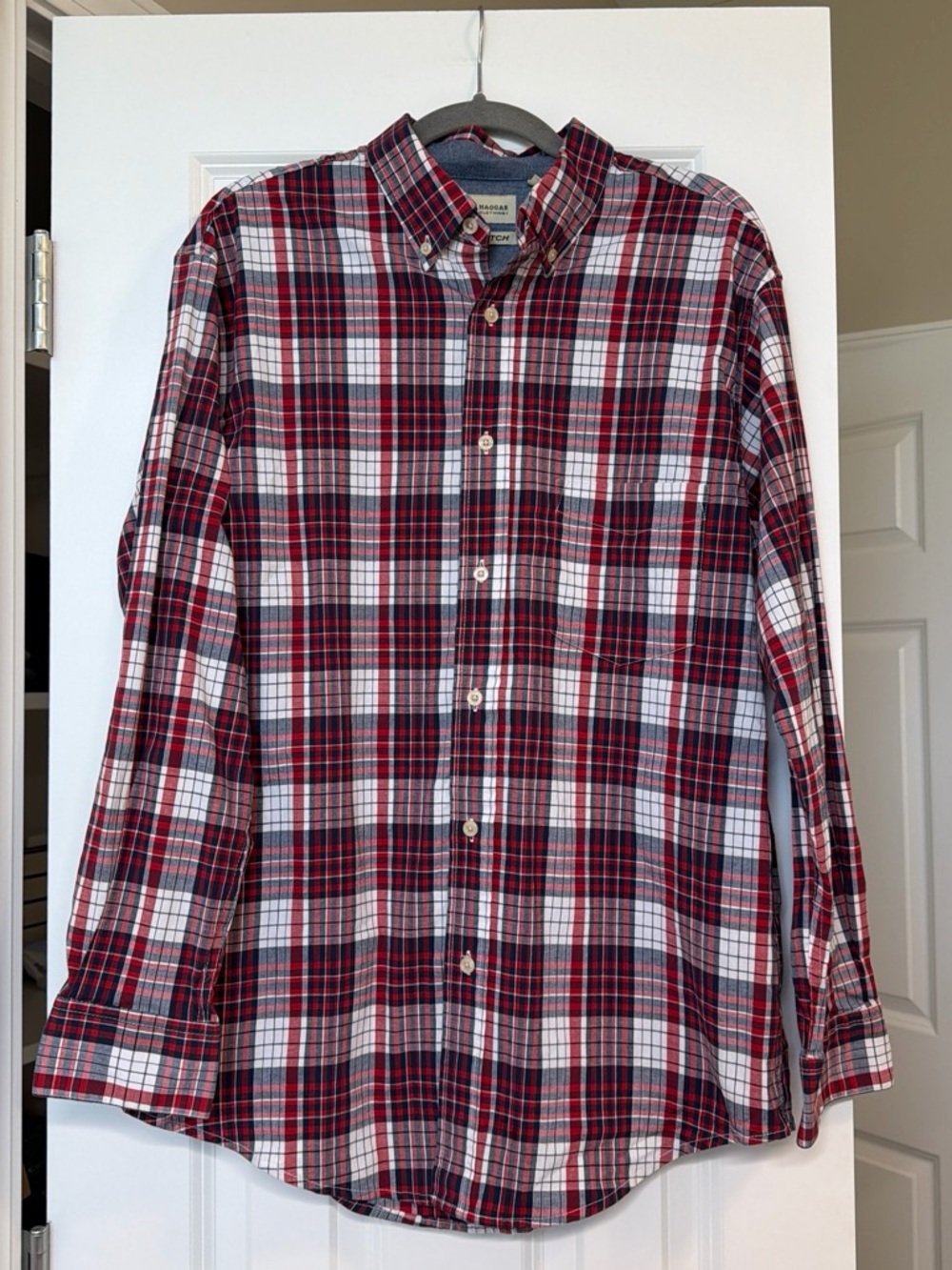 Haggar Men's Burgundy and White Plaid Button-Up Shirt